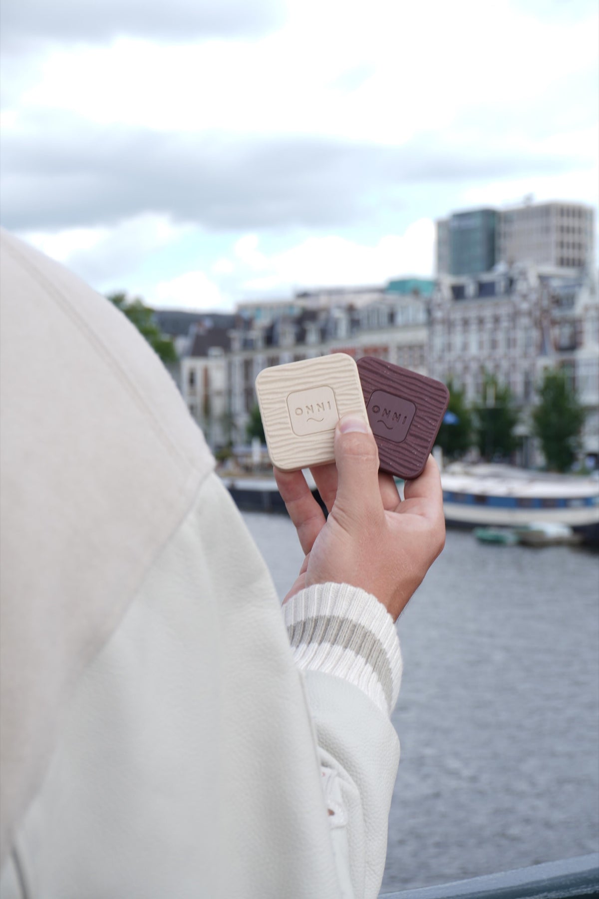 Birch and Walnut Kiuas held together beside an Amsterdam canal